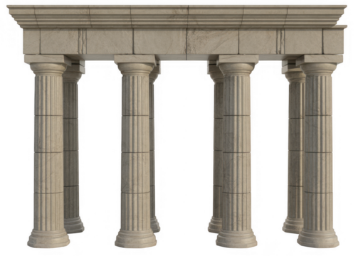 Ancient stone temple facade with fluted columns and entablature isolated on a transparent background