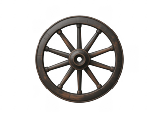 Antique wooden wagon wheel with dark brown spokes and rim isolated on a transparent background
