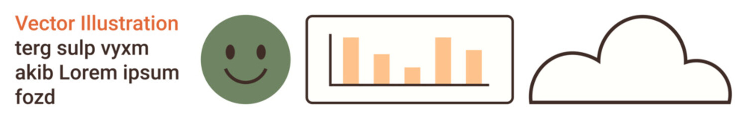 Emotions, data analysis, cloud storage, connectivity, abstract illustration, minimalist icons. happy face, bar chart and cloud outline in a clean layout. Emotions and data analysis concept