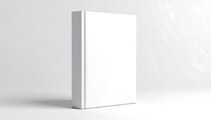 A solitary, blank hardcover book stands upright, centered against a softly lit, plain white background, ideal for mockups