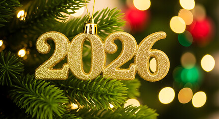 Glittering 2026 Golden Bauble on Pine Branch with Bokeh