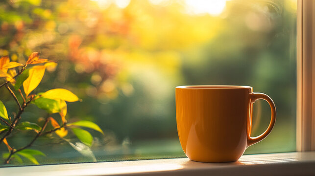 Simple mug placed on a windowsill with soft natural light, symbolizing cozy moments, quiet reflection, morning routines, warmth, comfort, and the peaceful charm of everyday life.