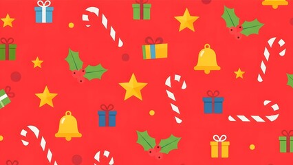 Festive Christmas pattern with candy canes, gifts, and holly on red background