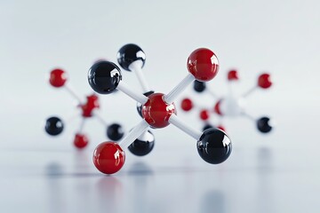 A complex molecular structure composed of red and black spheres connected by white lines, illustrating the intricate relationships between atoms and molecules.