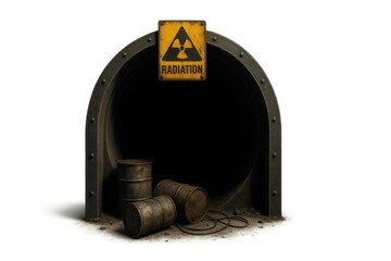 Round metal tunnel entrance with yellow and black radiation hazard sign above opening cracked barrels and loose cables below