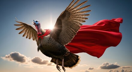 A whimsical vision of avian heroism as a turkey soars above the clouds with cape