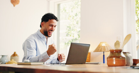 Fototapeta premium Excited businessman, remote work and laptop with good news in home for winning, promotion or prize. Happy, male person or freelancer with smile, fist pump or computer for business success in house