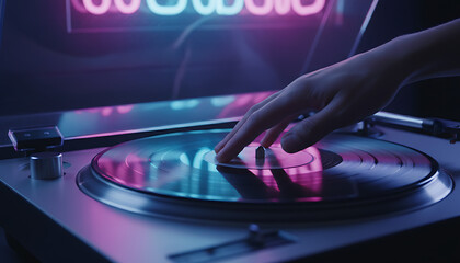 Vintage vinyl record player, hand playing music in vibrant neon club atmosphere
