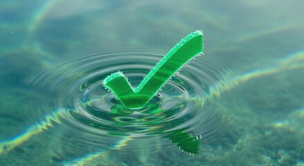 A green checkmark floating in crystal clear water creating concentric ripple effects