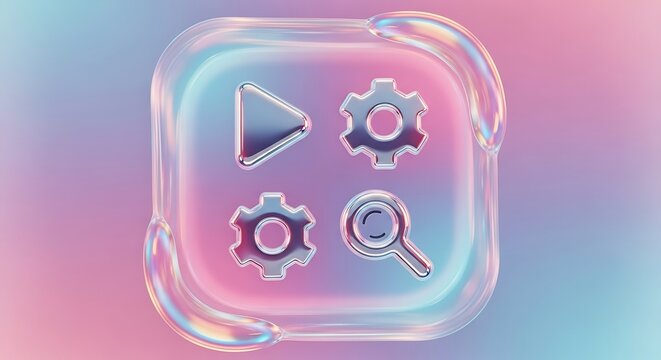 Abstract holographic app icons with play button settings and search on pastel background