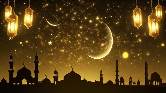 Ramadan night scene with mosque silhouette, crescent moons, and golden lanterns.