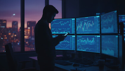 A businessman monitors real-time financial data on multiple computer screens and a mobile phone in a dark office overlooking the city at dusk.