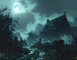 Spooky graveyard scene with church under a bright, ethereal moon