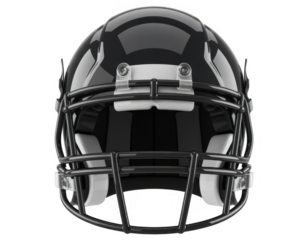 Black American football helmet with white padding and metal facemask isolated on a transparent background