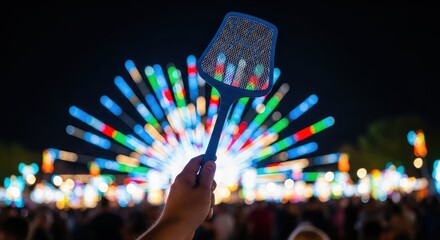 Humorous juxtaposition of a fly swatter against a vibrant illuminated spectacle at night