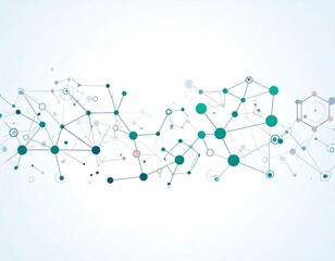 Graphic with a network of connected circular nodes and lines, in shades of blue and teal, resembling a molecular structure