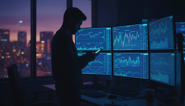 A businessman monitors real-time financial data on multiple computer screens and a mobile phone in a dark office overlooking the city at dusk. - Powered by Adobe