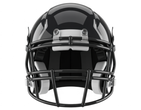 Black American football helmet with white padding and metal facemask isolated on a transparent background