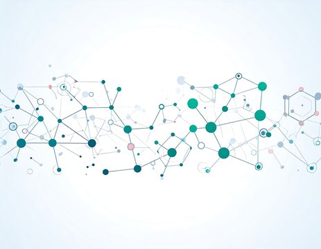 Graphic with a network of connected circular nodes and lines, in shades of blue and teal, resembling a molecular structure - Powered by Adobe