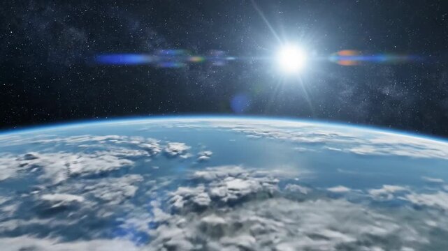 Earth horizon with bright sunrise view from space global planet view with clouds and star field in deep universe vastness