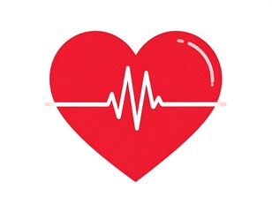 A simple, bright red heart shape, with a white electrocardiogram pulse line across the center, representing health