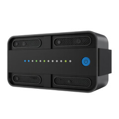 Obraz premium Black electronic device with indicator lights and power button isolated on a transparent background