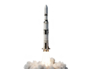 A powerful rocket launches, emitting clouds of smoke and flame, symbolizing technological advancement and exploration.