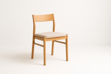Fototapeta premium Studio photo simple wooden chair with clean lines and light fabric seat cushion standing off center on white background