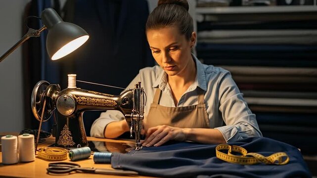 Focused Seamstress Working on Vintage Sewing Machine in Tailor Shop.
