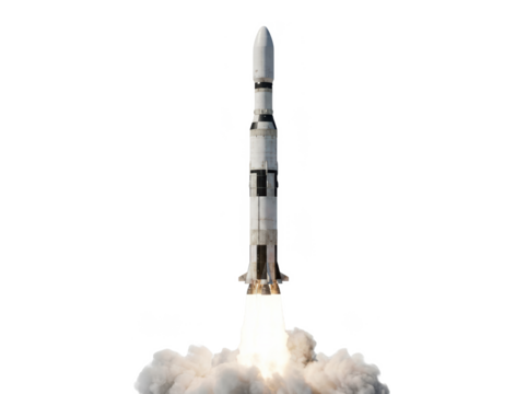 A powerful rocket launches, emitting clouds of smoke and flame, symbolizing technological advancement and exploration.