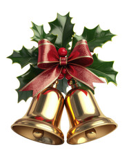 A festive arrangement featuring two golden bells adorned with a red ribbon and holly leaves, symbolizing celebration and joy.