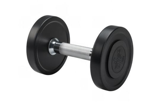 Black rubber dumbbell with silver knurled handle and embossed weight marking isolated on a transparent background