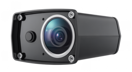 Black security camera with wide lens and silver ring detail isolated on a transparent background