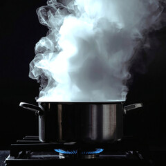 Dynamic Kitchen Action High-Speed Shot of Boiling Pot with Forceful Steam Plume Erupting on Stove