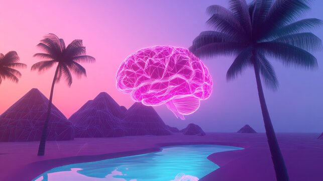 AI brain rendered in soft pastel neon colors with grid mountains and palm trees creating a surreal landscape of technology and nature