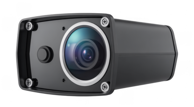 Black security camera with wide lens and silver ring detail isolated on a transparent background