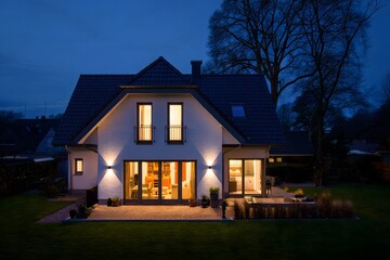 Modern House Exterior at Dusk with Warm Interior Lighting