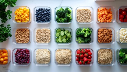 Colorful meal prep containers filled with balanced healthy food