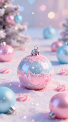 Fototapeta premium Pink Christmas Ornament with Sparkles and Candy Cane Decor