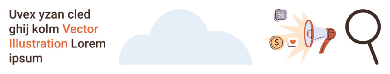 Digital marketing, advertising tools, communication platforms, content promotion, information sharing, market analysis. A loudspeaker with icons, a cloud and a magnifying glass. Marketing