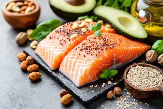 A plate of fresh salmon fillets garnished with sesame seeds, basil leaves, and sliced almonds, accompanied by a side of mixed greens and a drizzle of olive oil.