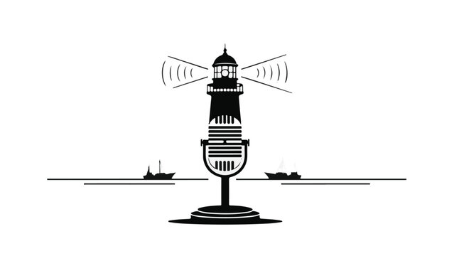 Lighthouse with microphone and ships symbolizes guidance, communication and navigation
