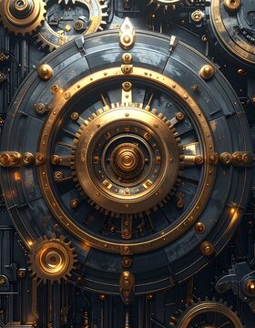 Metallic, gold, and grey gears and cogs intricate design