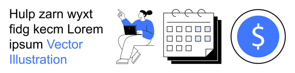 Financial management, planning, organization, deadlines, budget tracking, productivity. A person working on a laptop, calendar, and dollar sign icon planning and financial management concepts