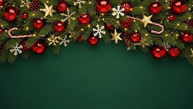 Festive christmas garland with red ornaments and stars on green background