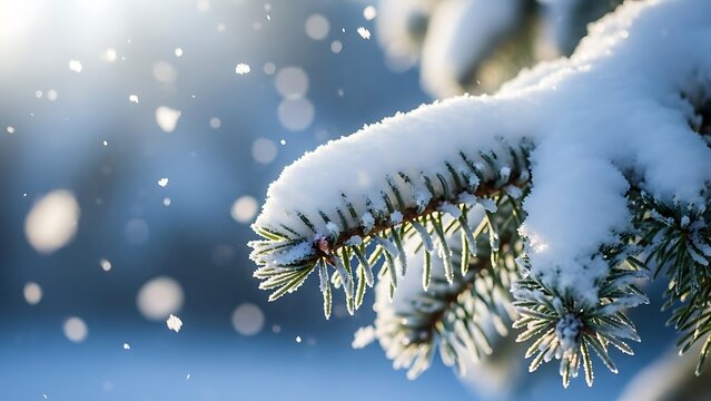 Close up of snow covered pine tree branch with falling snowflakes and soft bokeh background