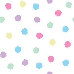 Seamless pastel polka dot pattern with irregular organic round shapes in pink blue green yellow purple on white background modern abstract playful design for fabric wallpaper wrapping paper decoration