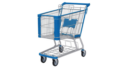 Blue and silver metal shopping cart with wire basket and wheels isolated on a transparent background