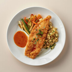 Crispy Fried Catfish with Steamed Vegetables & Spicy Sambal Sauce | Gourmet Food Photography, Restaurant-Quality Dish, Culinary Art