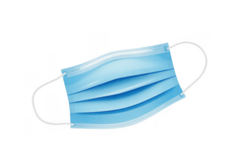 Blue disposable medical face mask with white ear loops isolated on a transparent background